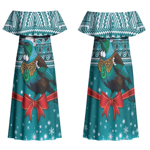 New Zealand Tui Bird Christmas Family Matching Off Shoulder Maxi Dress and Hawaiian Shirt Maori Inspired Knitted Patterns