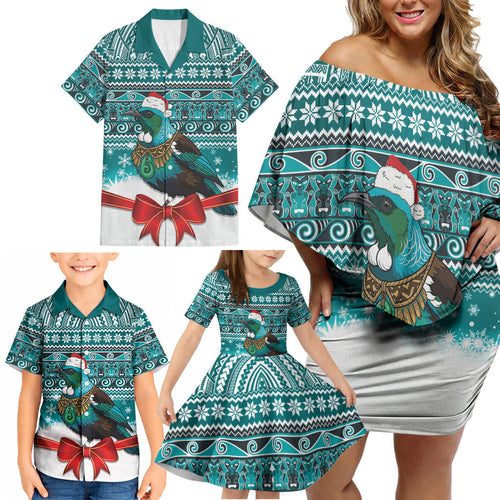 New Zealand Tui Bird Christmas Family Matching Off Shoulder Short Dress and Hawaiian Shirt Maori Inspired Knitted Patterns