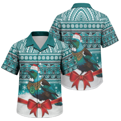New Zealand Tui Bird Christmas Family Matching Off Shoulder Short Dress and Hawaiian Shirt Maori Inspired Knitted Patterns