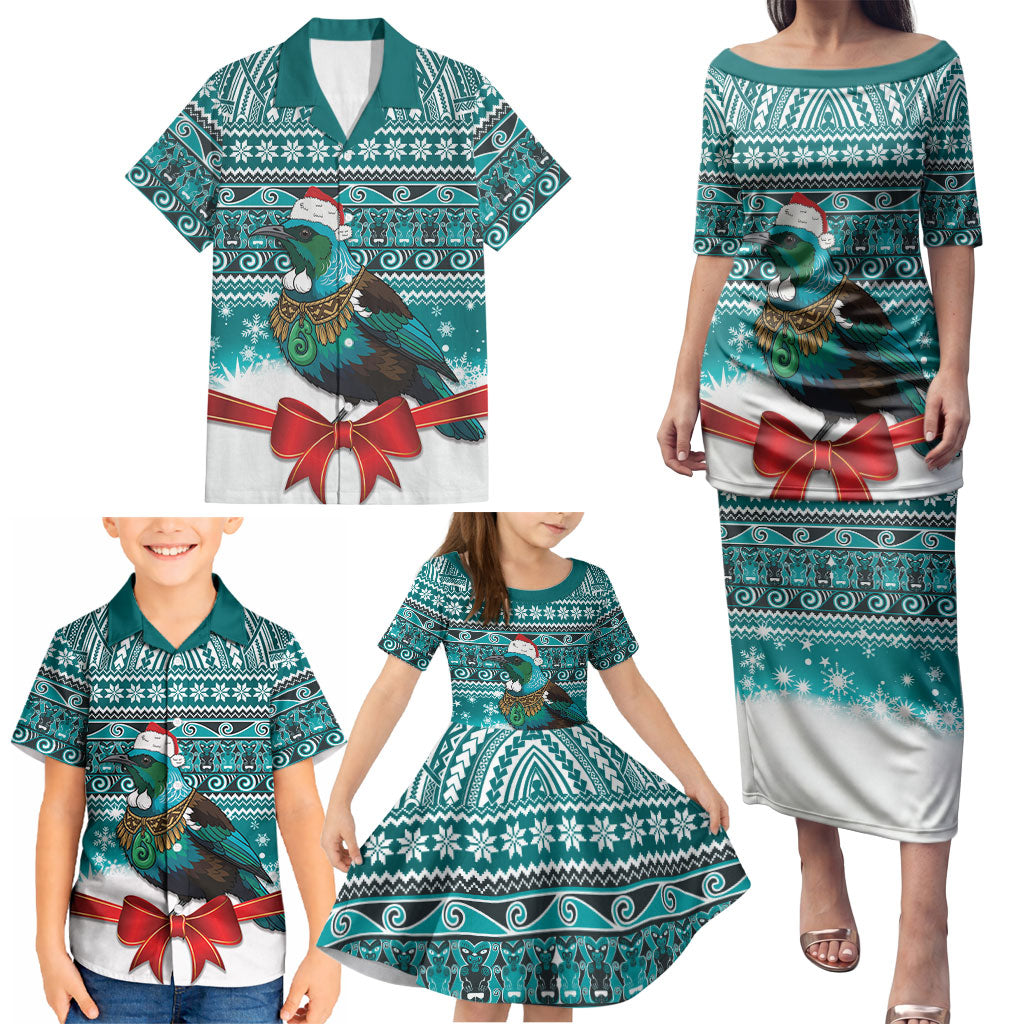 New Zealand Tui Bird Christmas Family Matching Puletasi and Hawaiian Shirt Maori Inspired Knitted Patterns