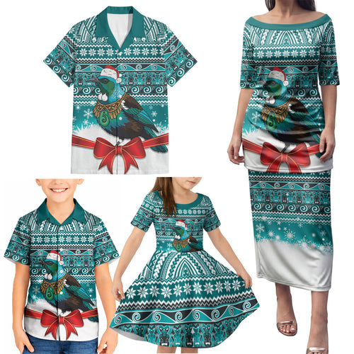New Zealand Tui Bird Christmas Family Matching Puletasi and Hawaiian Shirt Maori Inspired Knitted Patterns