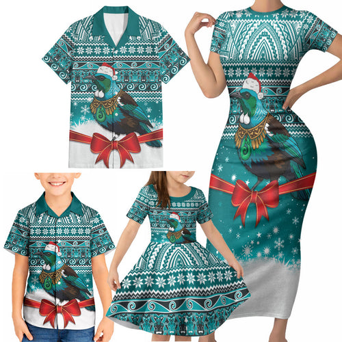 New Zealand Tui Bird Christmas Family Matching Short Sleeve Bodycon Dress and Hawaiian Shirt Maori Inspired Knitted Patterns