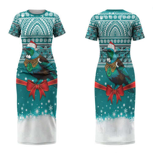 New Zealand Tui Bird Christmas Family Matching Short Sleeve Bodycon Dress and Hawaiian Shirt Maori Inspired Knitted Patterns