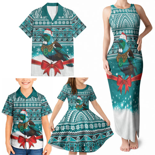 New Zealand Tui Bird Christmas Family Matching Tank Maxi Dress and Hawaiian Shirt Maori Inspired Knitted Patterns