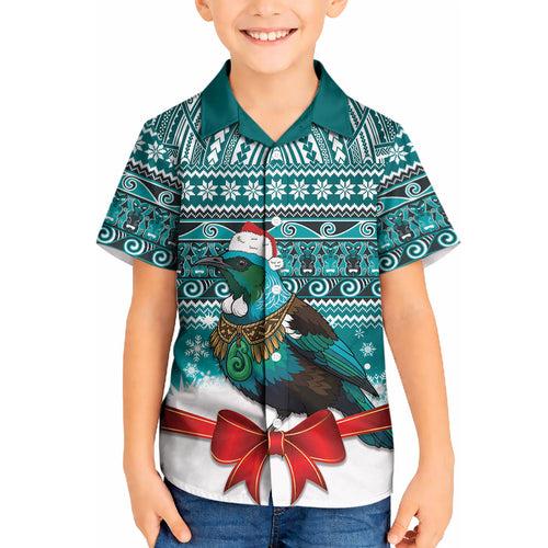 New Zealand Tui Bird Christmas Kid Hawaiian Shirt Maori Inspired Knitted Patterns