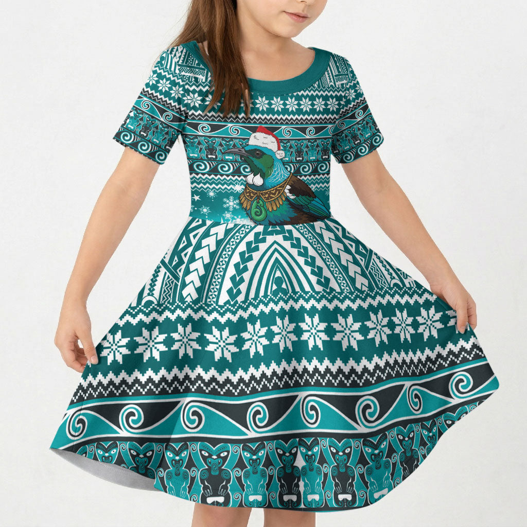 New Zealand Tui Bird Christmas Kid Short Sleeve Dress Maori Inspired Knitted Patterns