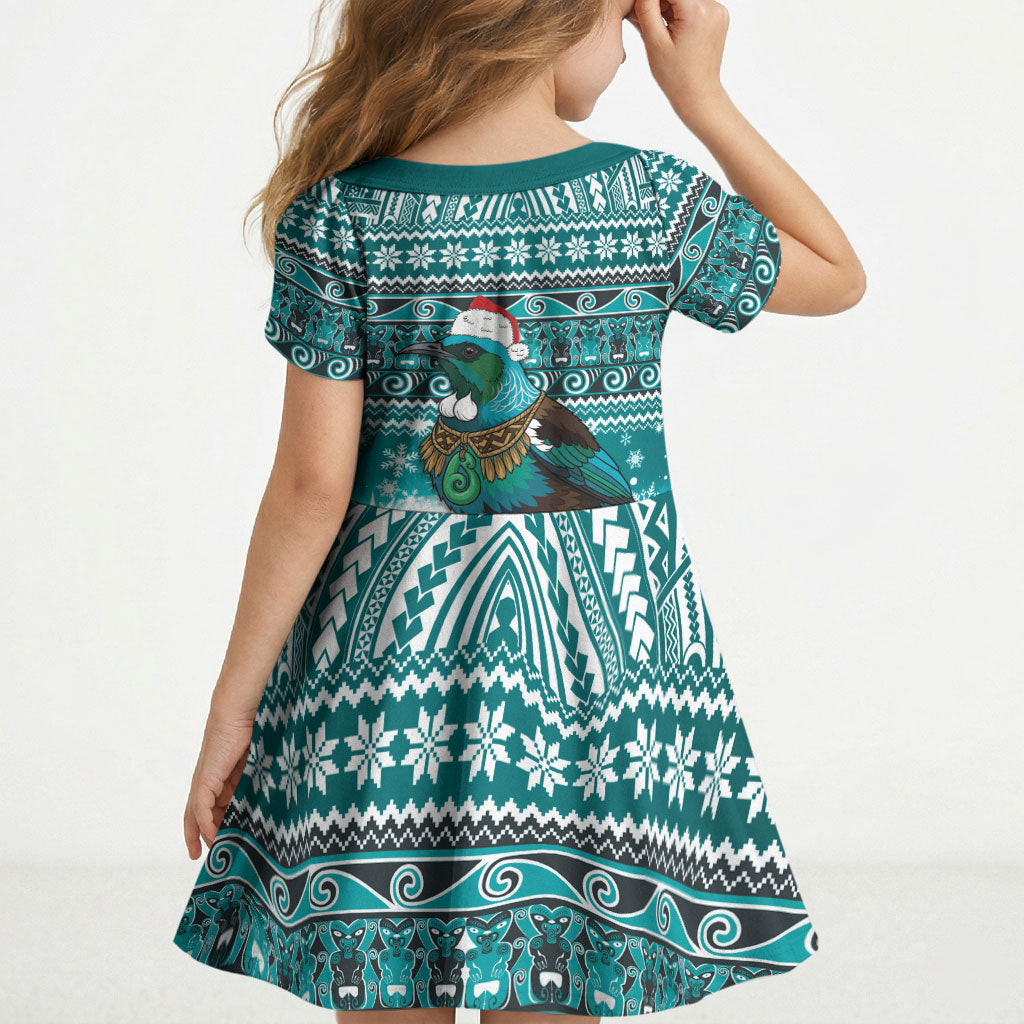 New Zealand Tui Bird Christmas Kid Short Sleeve Dress Maori Inspired Knitted Patterns