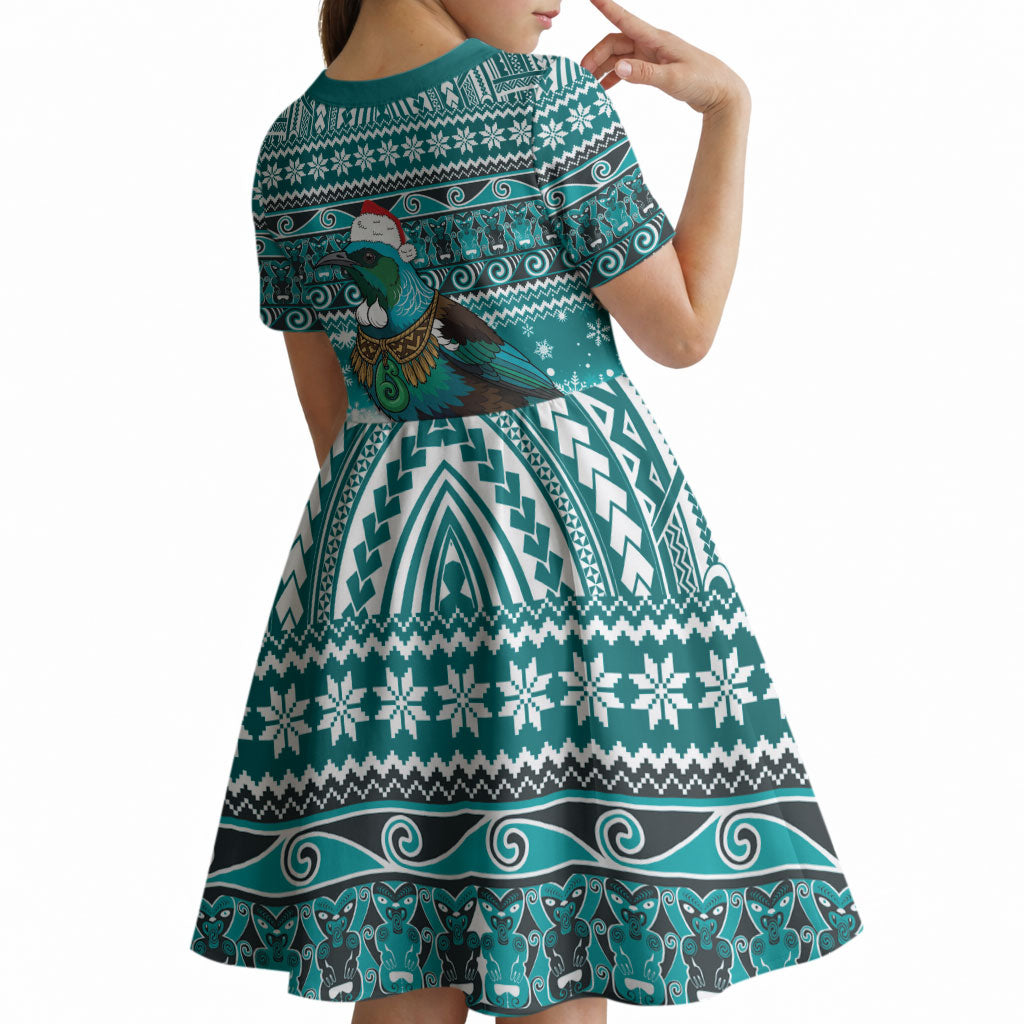New Zealand Tui Bird Christmas Kid Short Sleeve Dress Maori Inspired Knitted Patterns