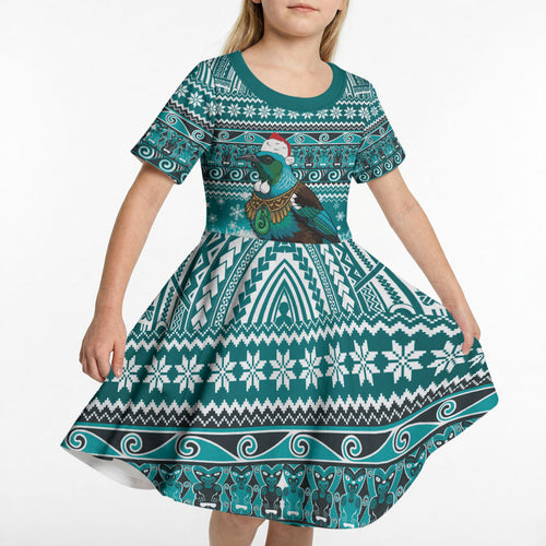 New Zealand Tui Bird Christmas Kid Short Sleeve Dress Maori Inspired Knitted Patterns