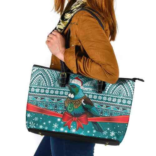 New Zealand Tui Bird Christmas Leather Tote Bag Maori Inspired Knitted Patterns