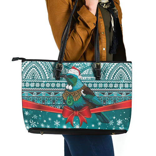 New Zealand Tui Bird Christmas Leather Tote Bag Maori Inspired Knitted Patterns