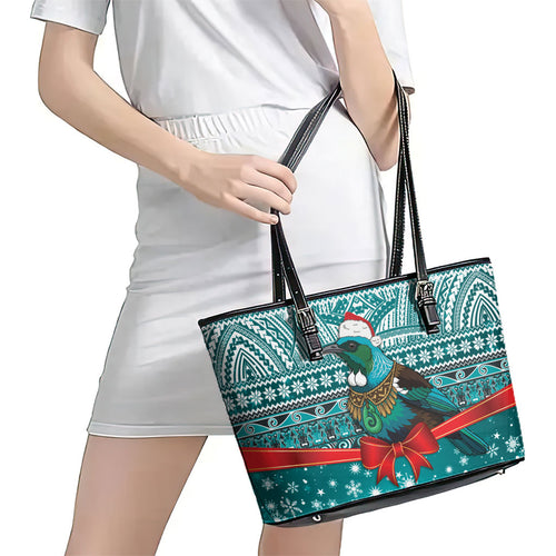 New Zealand Tui Bird Christmas Leather Tote Bag Maori Inspired Knitted Patterns