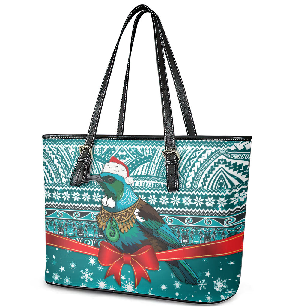 New Zealand Tui Bird Christmas Leather Tote Bag Maori Inspired Knitted Patterns