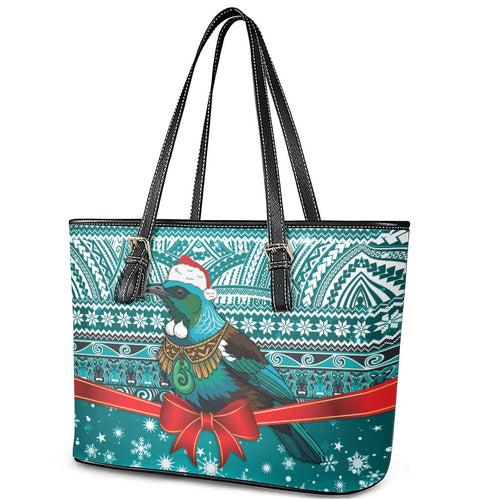 New Zealand Tui Bird Christmas Leather Tote Bag Maori Inspired Knitted Patterns