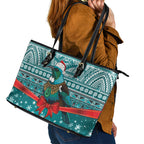 New Zealand Tui Bird Christmas Leather Tote Bag Maori Inspired Knitted Patterns