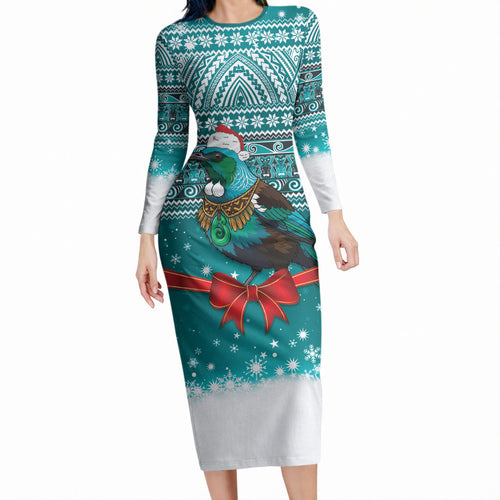 New Zealand Tui Bird Christmas Long Sleeve Bodycon Dress Maori Inspired Knitted Patterns