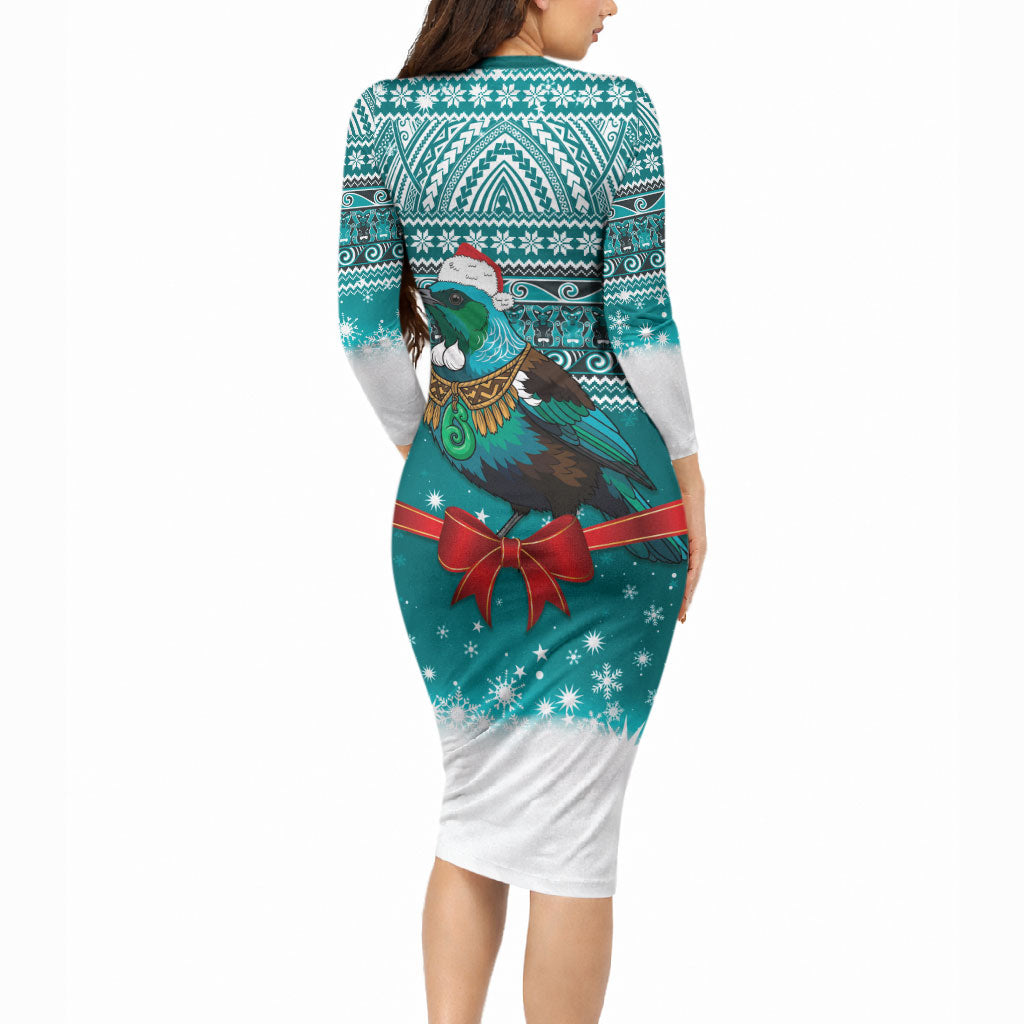 New Zealand Tui Bird Christmas Long Sleeve Bodycon Dress Maori Inspired Knitted Patterns