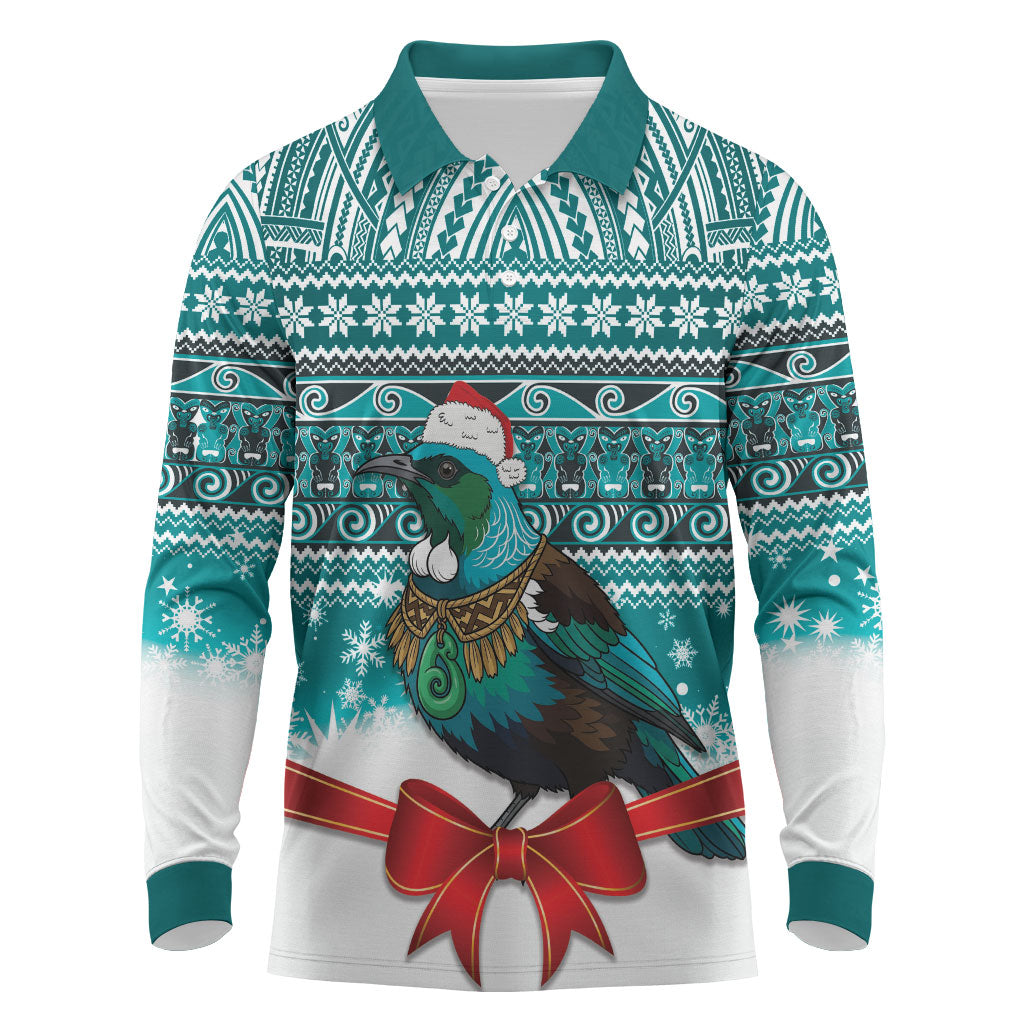 New Zealand Tui Bird Christmas Long Sleeve Polo Shirt Maori Inspired Knitted Patterns