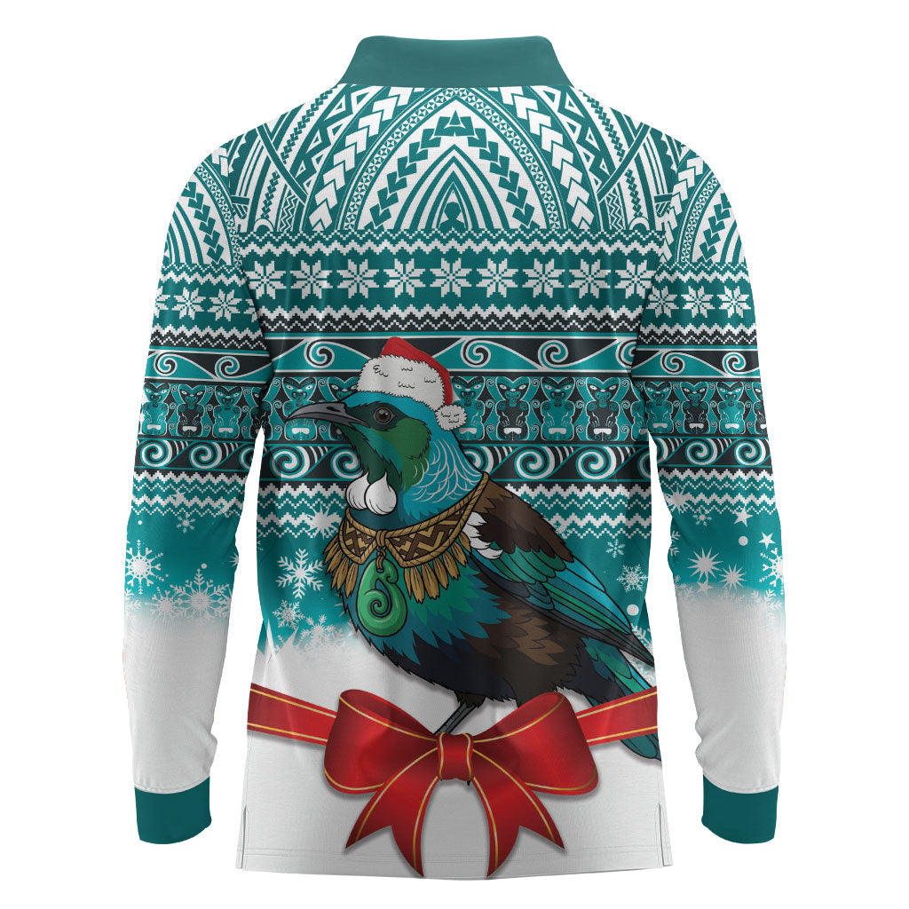 New Zealand Tui Bird Christmas Long Sleeve Polo Shirt Maori Inspired Knitted Patterns