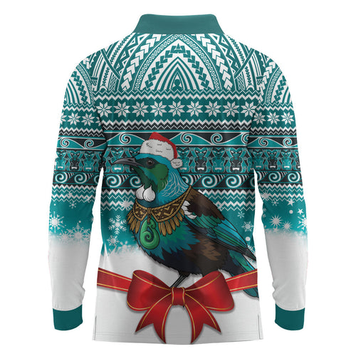 New Zealand Tui Bird Christmas Long Sleeve Polo Shirt Maori Inspired Knitted Patterns