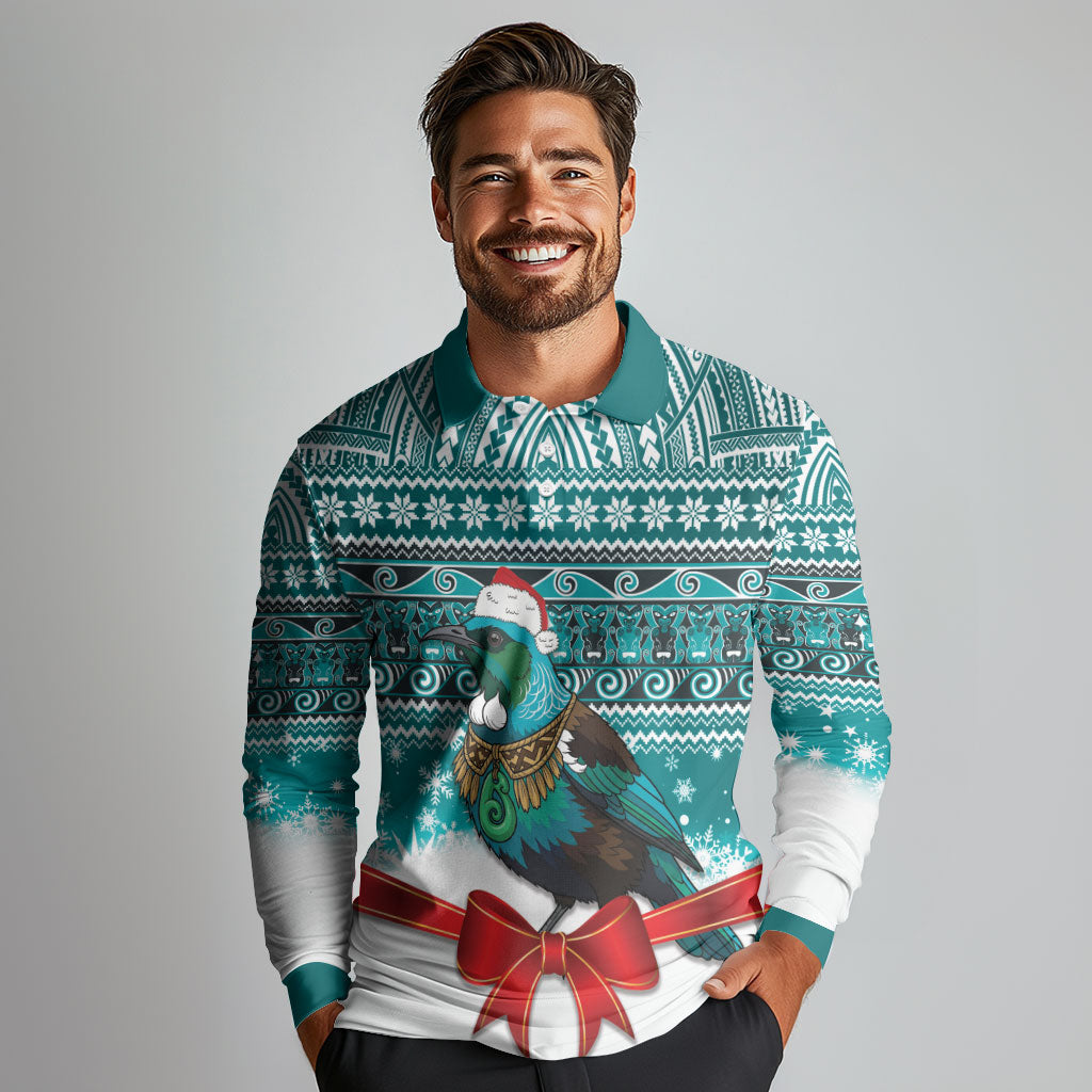 New Zealand Tui Bird Christmas Long Sleeve Polo Shirt Maori Inspired Knitted Patterns