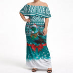 New Zealand Tui Bird Christmas Off Shoulder Maxi Dress Maori Inspired Knitted Patterns