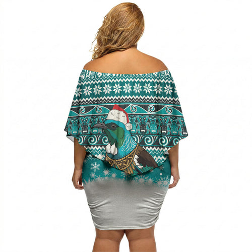 New Zealand Tui Bird Christmas Off Shoulder Short Dress Maori Inspired Knitted Patterns