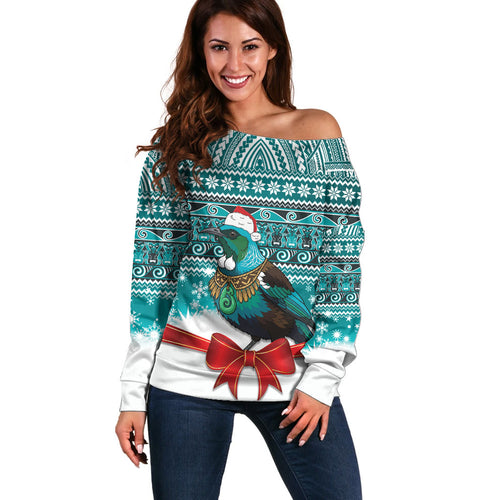 New Zealand Tui Bird Christmas Off Shoulder Sweater Maori Inspired Knitted Patterns