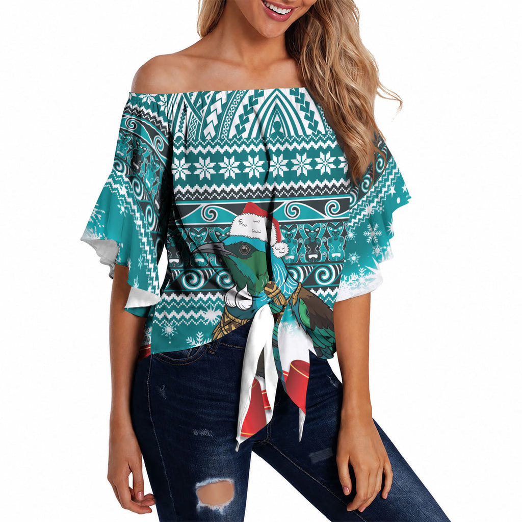 New Zealand Tui Bird Christmas Off Shoulder Wrap Waist Top Maori Inspired Knitted Patterns