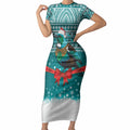 New Zealand Tui Bird Christmas Short Sleeve Bodycon Dress Maori Inspired Knitted Patterns