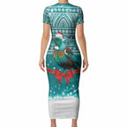 New Zealand Tui Bird Christmas Short Sleeve Bodycon Dress Maori Inspired Knitted Patterns