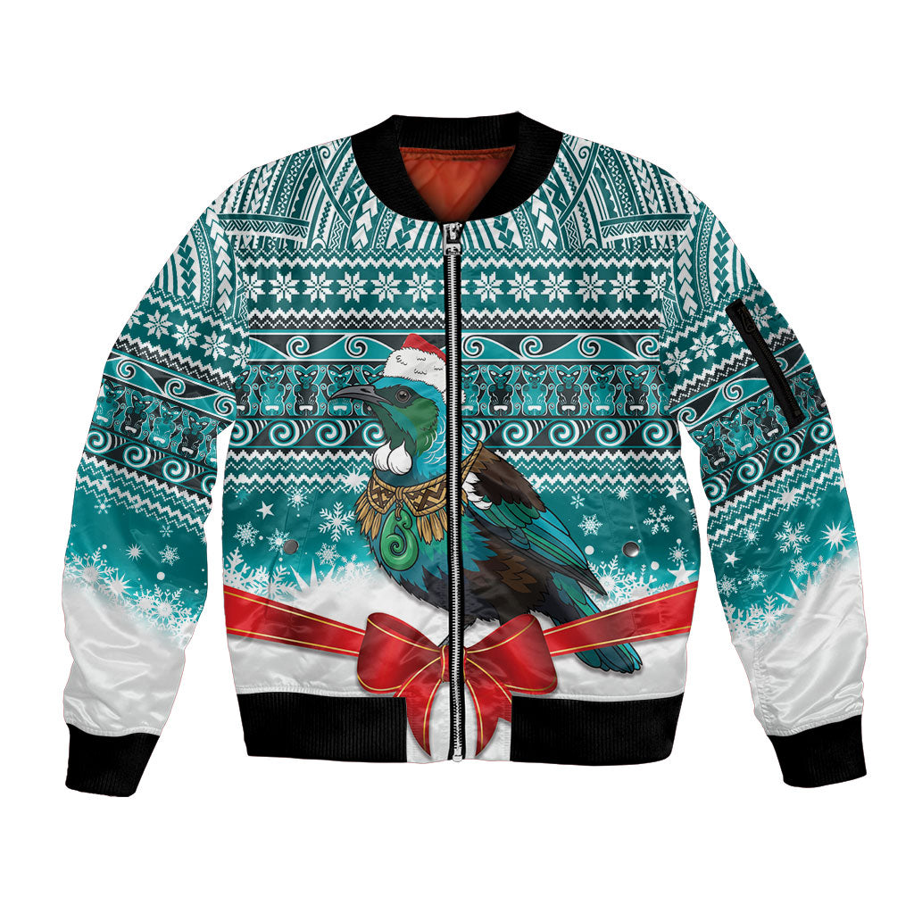 New Zealand Tui Bird Christmas Sleeve Zip Bomber Jacket Maori Inspired Knitted Patterns