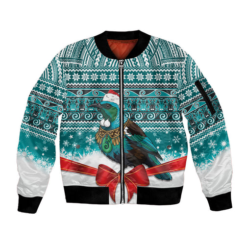 New Zealand Tui Bird Christmas Sleeve Zip Bomber Jacket Maori Inspired Knitted Patterns