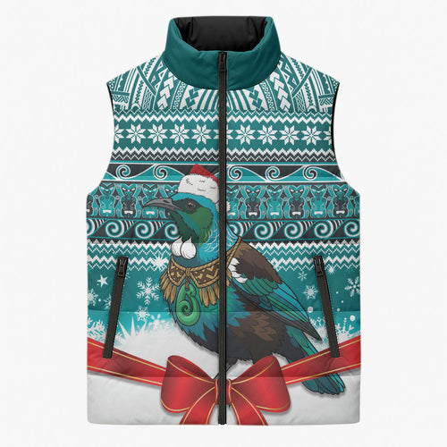 New Zealand Tui Bird Christmas Sleeveless Puffer Jacket Maori Inspired Knitted Patterns