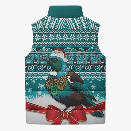 New Zealand Tui Bird Christmas Sleeveless Puffer Jacket Maori Inspired Knitted Patterns
