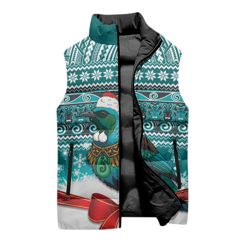 New Zealand Tui Bird Christmas Sleeveless Puffer Jacket Maori Inspired Knitted Patterns