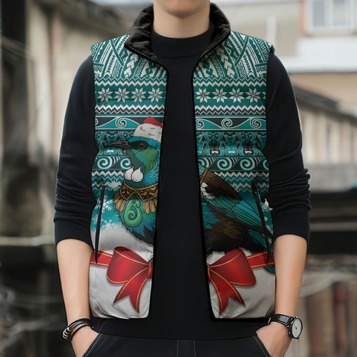 New Zealand Tui Bird Christmas Sleeveless Puffer Jacket Maori Inspired Knitted Patterns