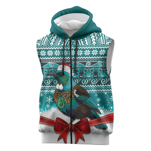 New Zealand Tui Bird Christmas Sleeveless Zip Hoodie Maori Inspired Knitted Patterns