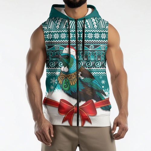 New Zealand Tui Bird Christmas Sleeveless Zip Hoodie Maori Inspired Knitted Patterns