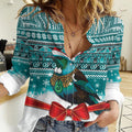 New Zealand Tui Bird Christmas Women Casual Shirt Maori Inspired Knitted Patterns