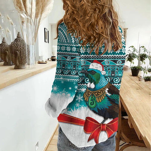 New Zealand Tui Bird Christmas Women Casual Shirt Maori Inspired Knitted Patterns