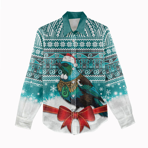 New Zealand Tui Bird Christmas Women Casual Shirt Maori Inspired Knitted Patterns