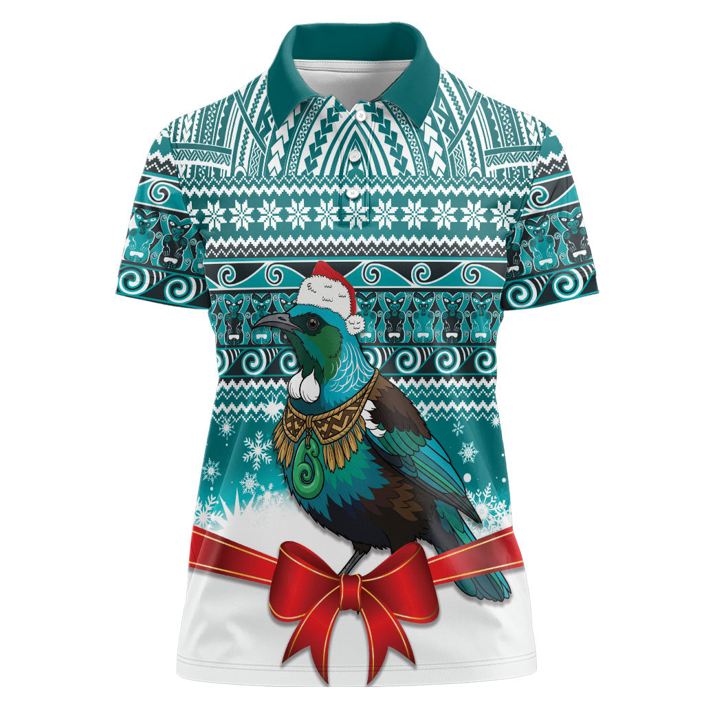 New Zealand Tui Bird Christmas Women Polo Shirt Maori Inspired Knitted Patterns