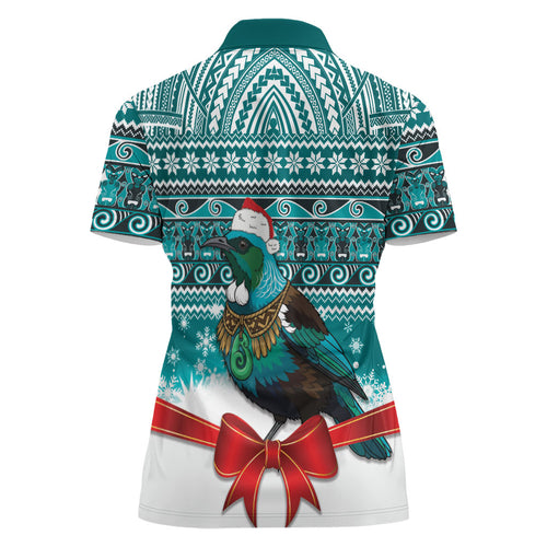 New Zealand Tui Bird Christmas Women Polo Shirt Maori Inspired Knitted Patterns