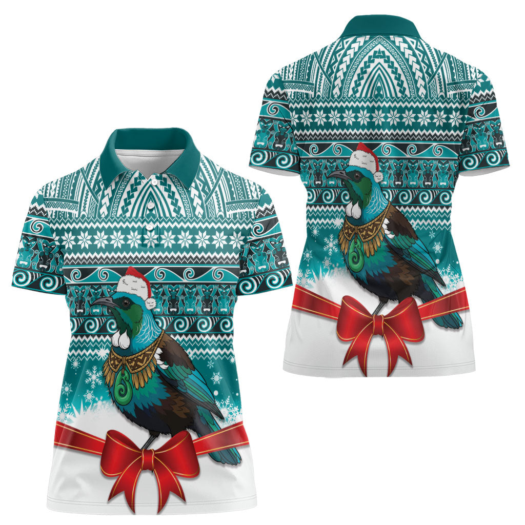 New Zealand Tui Bird Christmas Women Polo Shirt Maori Inspired Knitted Patterns