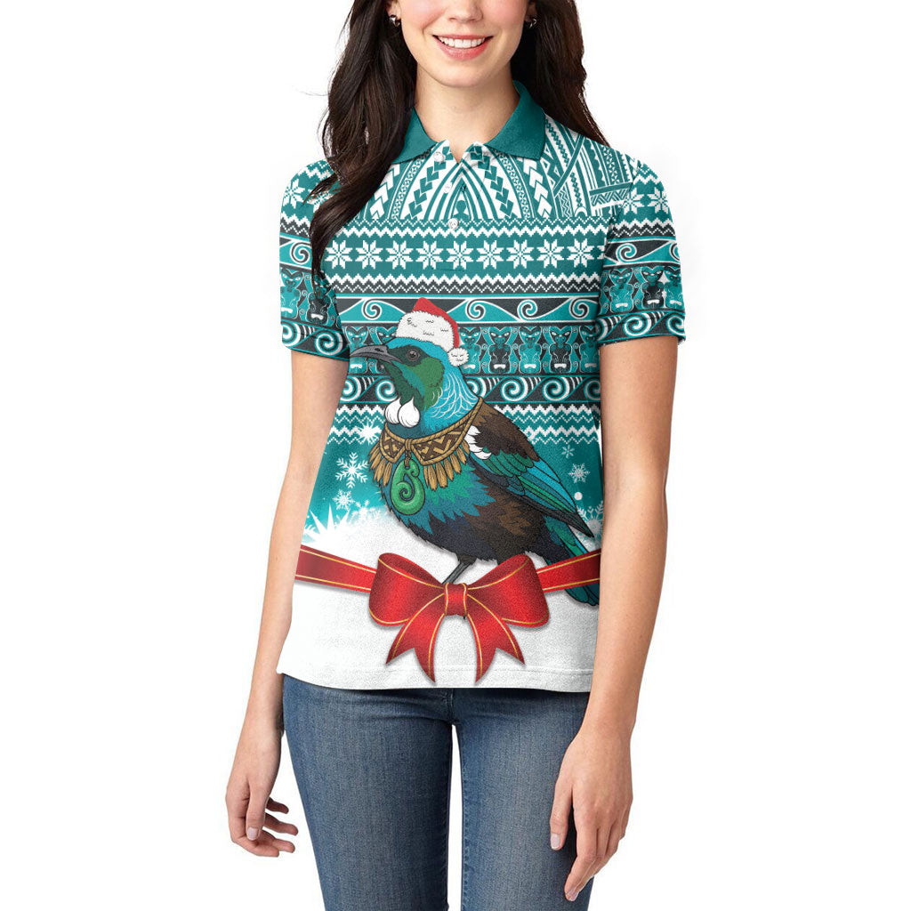 New Zealand Tui Bird Christmas Women Polo Shirt Maori Inspired Knitted Patterns