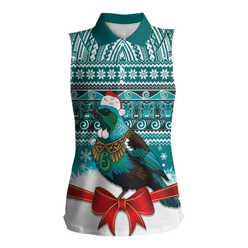 New Zealand Tui Bird Christmas Women Sleeveless Polo Shirt Maori Inspired Knitted Patterns
