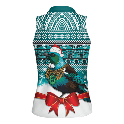 New Zealand Tui Bird Christmas Women Sleeveless Polo Shirt Maori Inspired Knitted Patterns