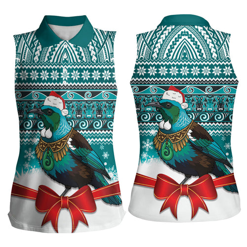 New Zealand Tui Bird Christmas Women Sleeveless Polo Shirt Maori Inspired Knitted Patterns