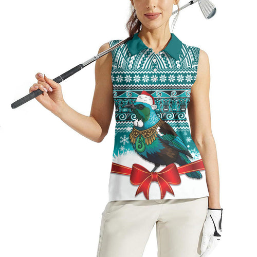 New Zealand Tui Bird Christmas Women Sleeveless Polo Shirt Maori Inspired Knitted Patterns